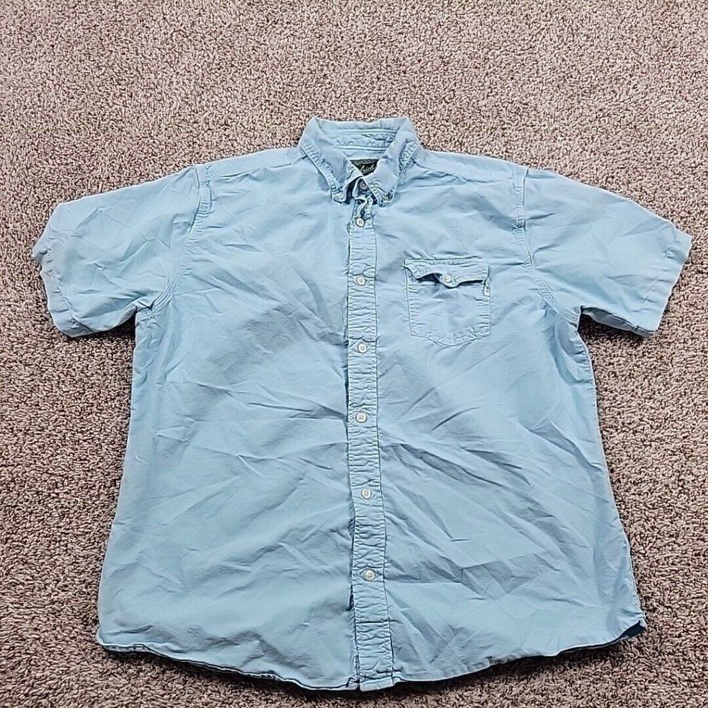 Woolrich Shirt Mens Large Blue Cotton Short Sleeve Hiking Outdoors Camping
